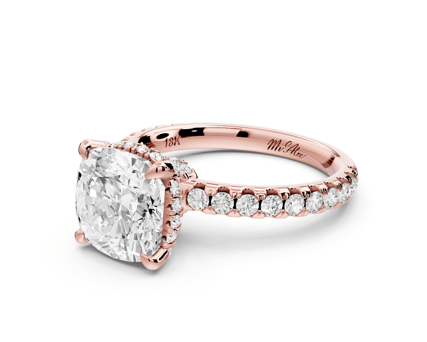 Jade - 3ct 14k rose gold cushion hidden halo diamond crown and bridge pavé engagement ring - Mr. Alex Jewelry
