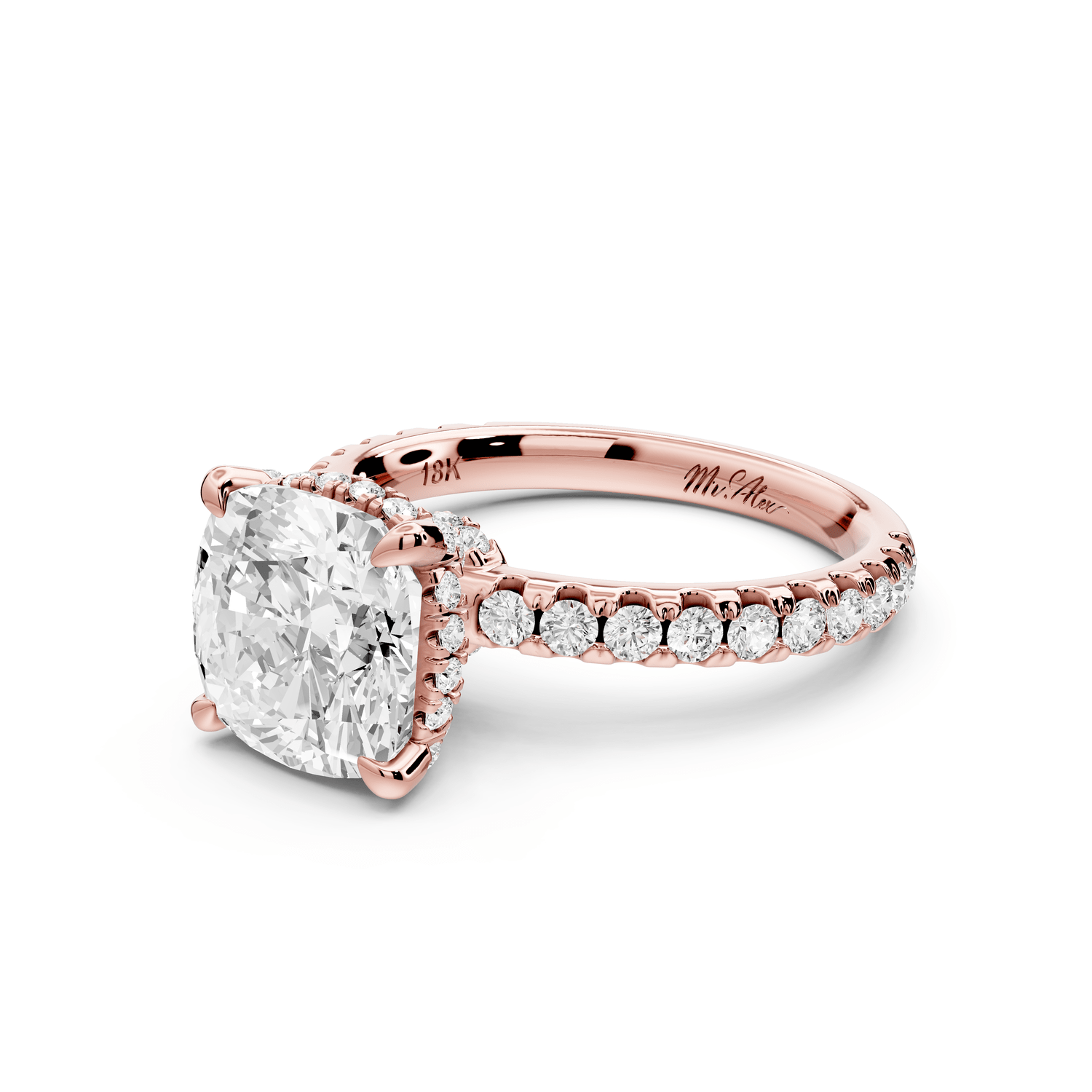 Jade - 3ct 14k rose gold cushion hidden halo diamond crown and bridge pavé engagement ring - Mr. Alex Jewelry