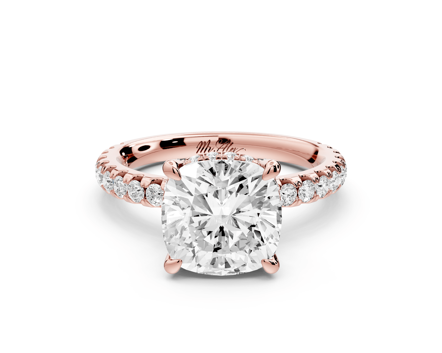 Jade - 3ct 14k rose gold cushion hidden halo diamond crown and bridge pavé engagement ring - Mr. Alex Jewelry
