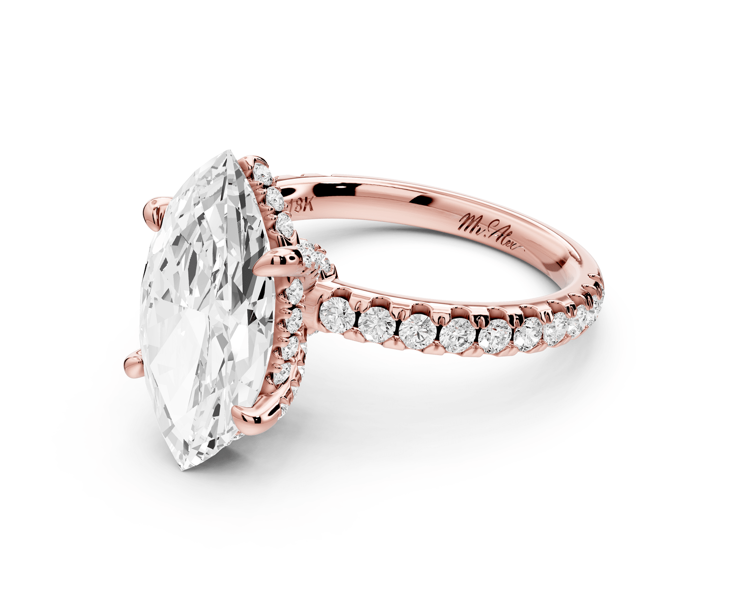 Jade - 3ct 14k rose gold marquise hidden halo diamond crown and bridge pavé engagement ring - Mr. Alex Jewelry
