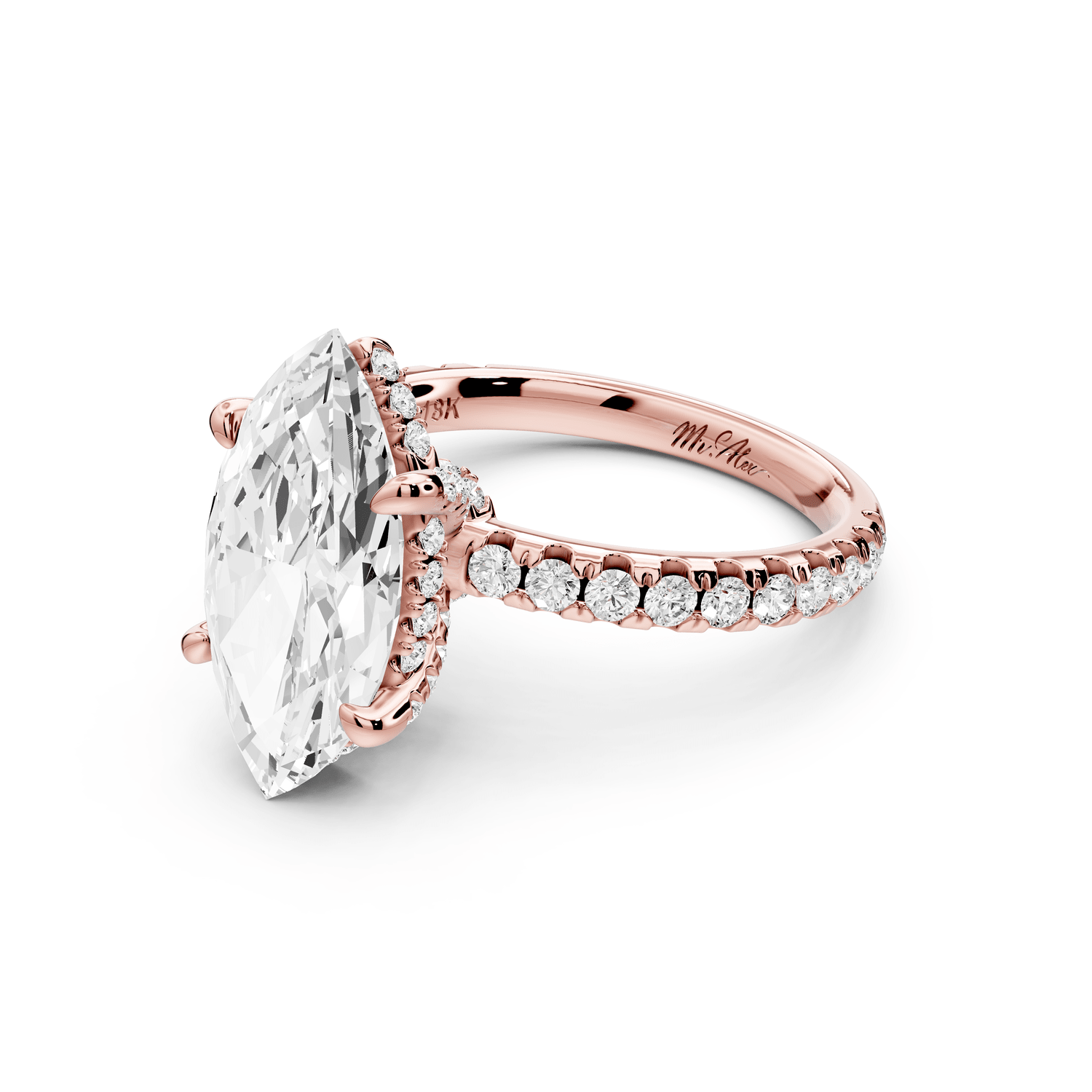 Jade - 3ct 14k rose gold marquise hidden halo diamond crown and bridge pavé engagement ring - Mr. Alex Jewelry
