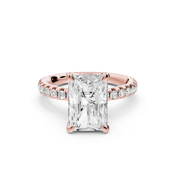 Jade - 3ct 14k rose gold radiant hidden halo diamond crown and bridge pavé engagement ring - Mr. Alex Jewelry