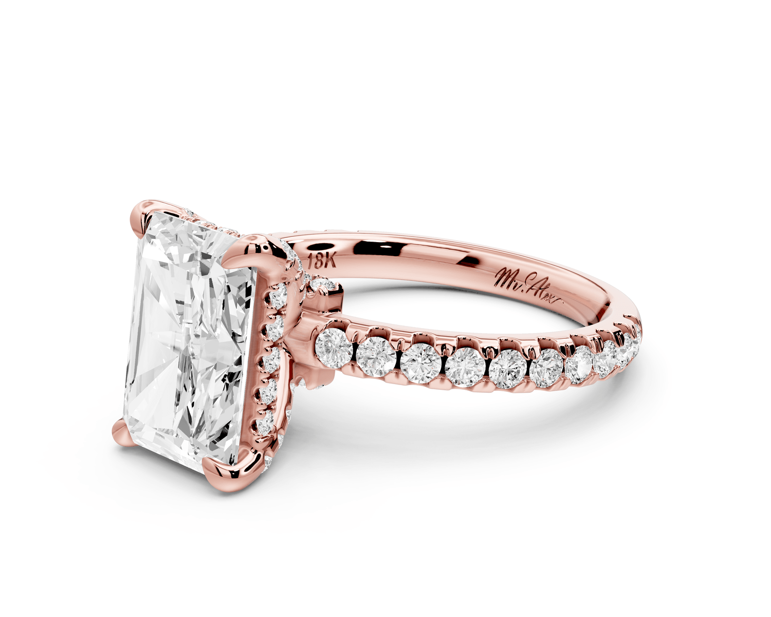 Jade - 3ct 14k rose gold radiant hidden halo diamond crown and bridge pavé engagement ring - Mr. Alex Jewelry