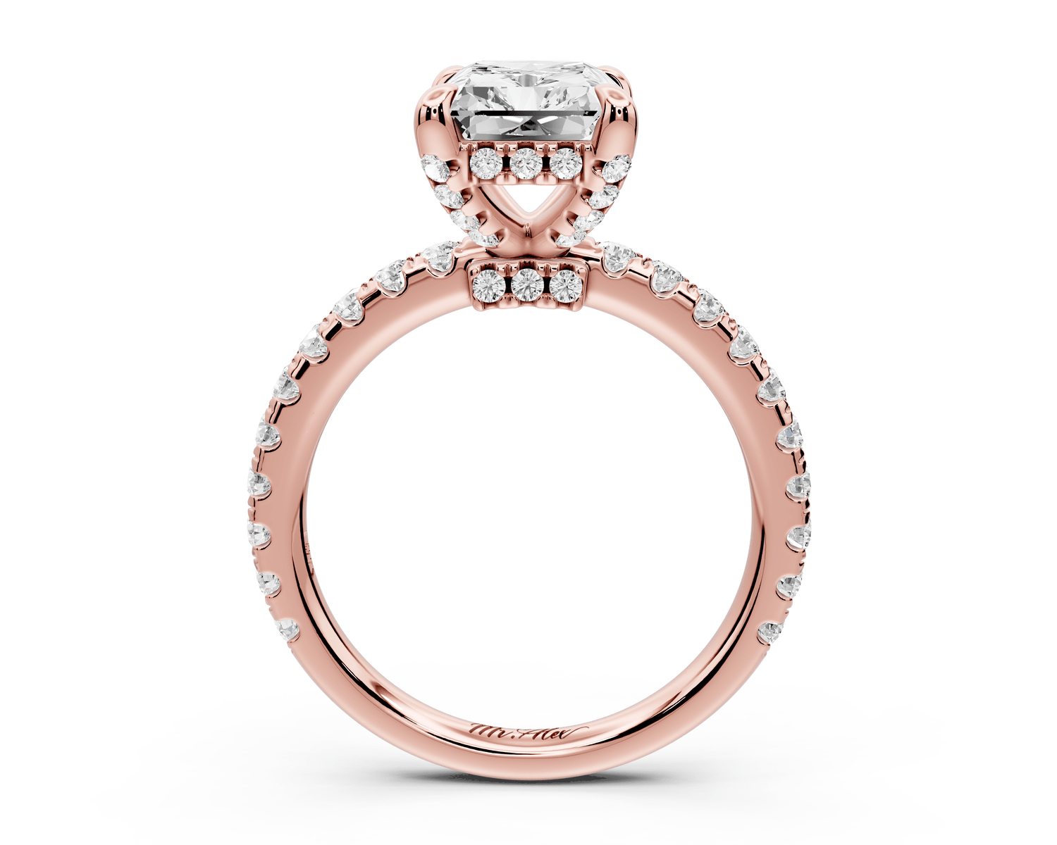 Jade - 3ct 14k rose gold radiant hidden halo diamond crown and bridge pavé engagement ring - Mr. Alex Jewelry