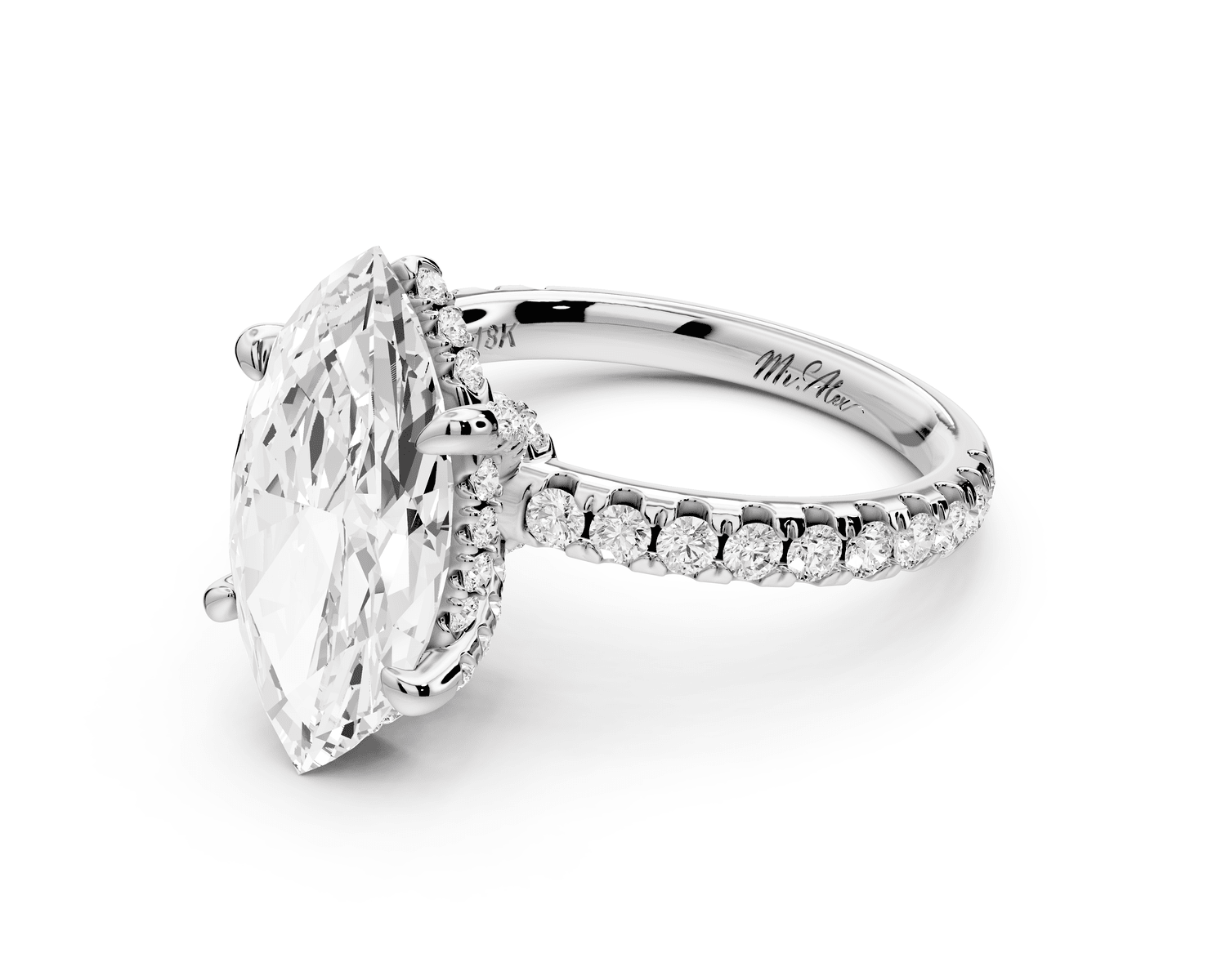 Jade - 3ct 14k white gold marquise hidden halo diamond crown and bridge pavé engagement ring - Mr. Alex Jewelry