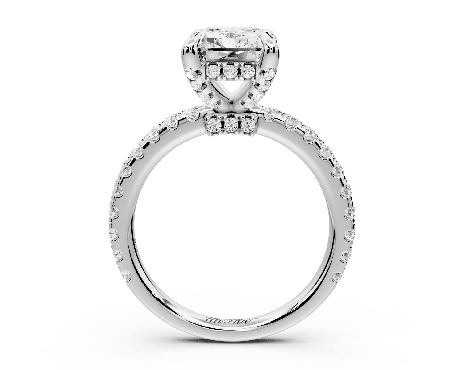 Jade - 3ct 14k white gold radiant hidden halo diamond crown and bridge pavé engagement ring - Mr. Alex Jewelry