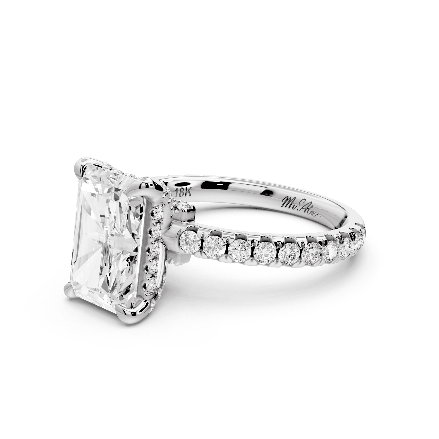 Jade - 3ct 14k white gold radiant hidden halo diamond crown and bridge pavé engagement ring - Mr. Alex Jewelry