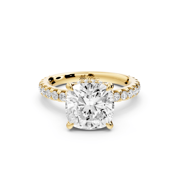 Jade - 3ct 14k yellow gold cushion hidden halo diamond crown and bridge pavé engagement ring - Mr. Alex Jewelry