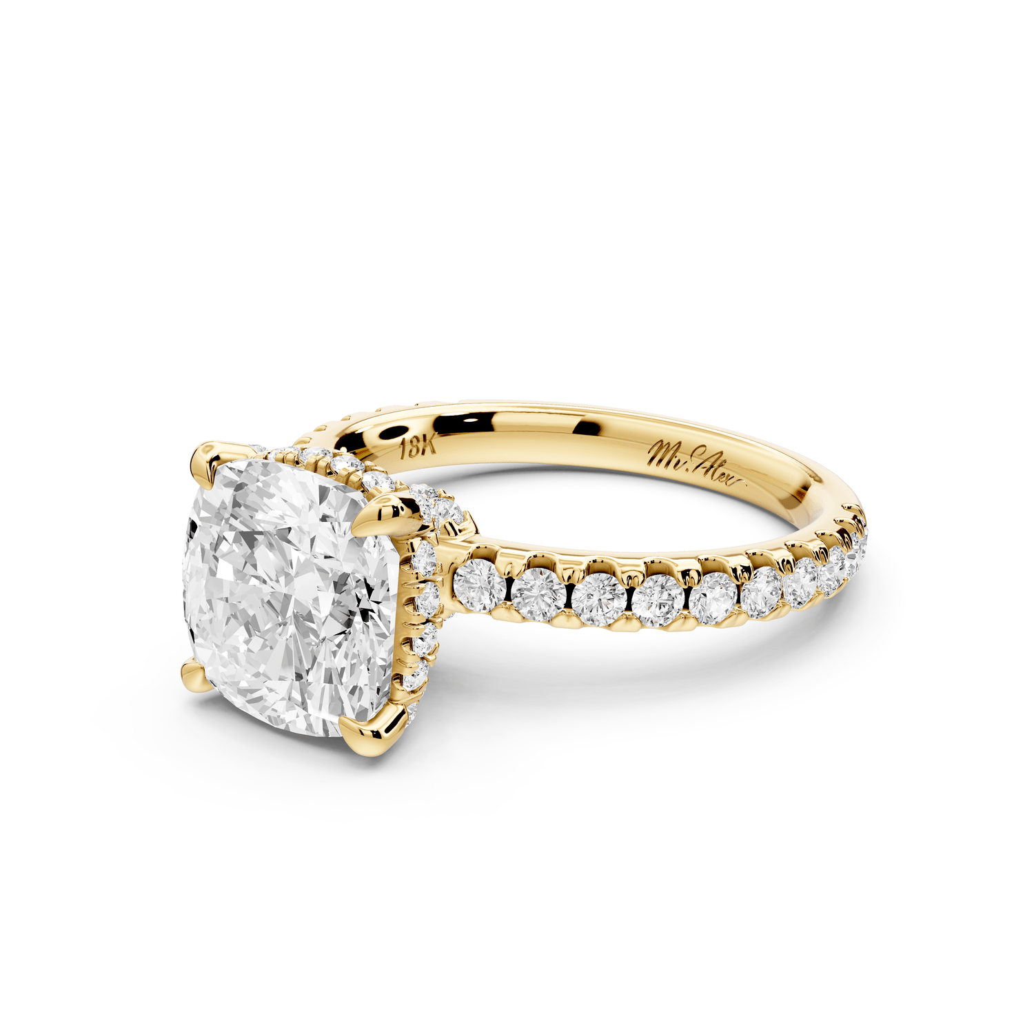 Jade - 3ct 14k yellow gold cushion hidden halo diamond crown and bridge pavé engagement ring - Mr. Alex Jewelry