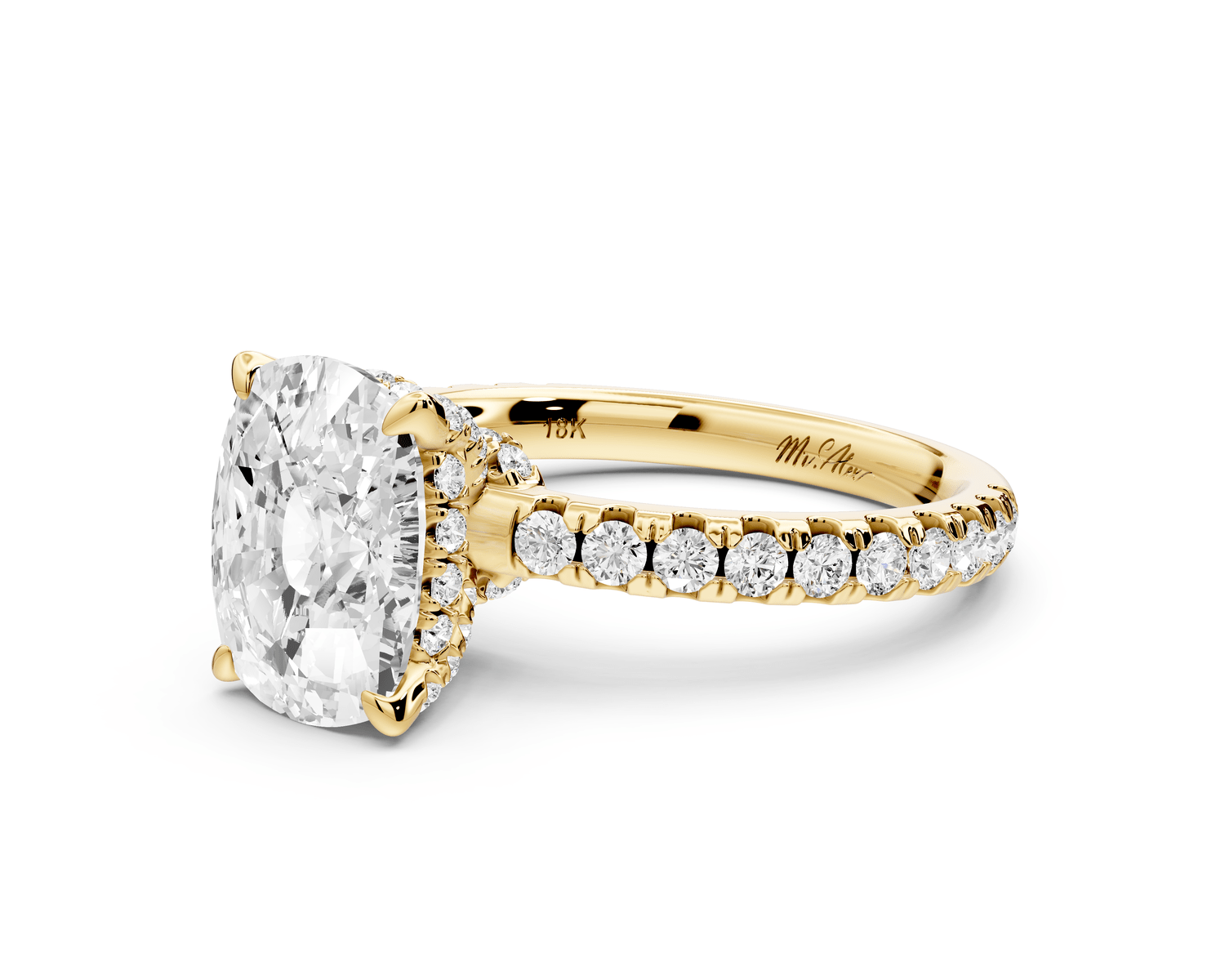 Jade - 3ct 14k yellow gold ecushion hidden halo diamond crown and bridge pavé engagement ring - Mr. Alex Jewelry