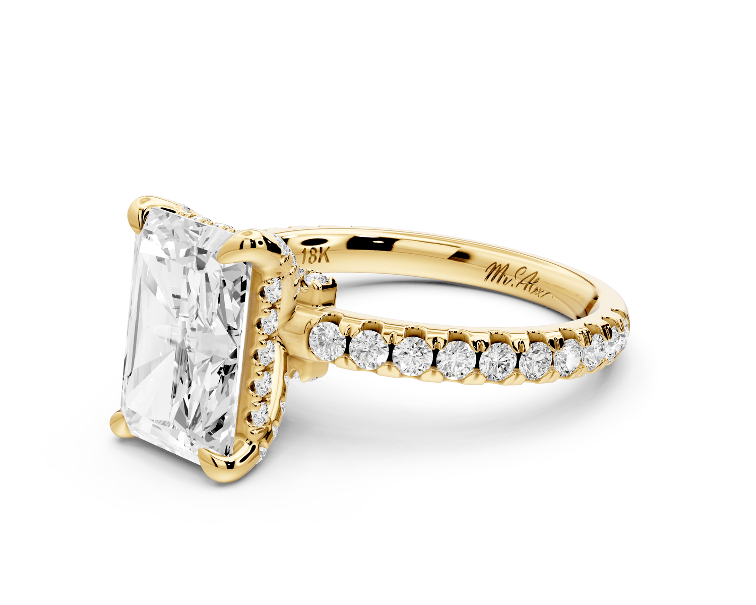 Jade - 3ct 14k yellow gold radiant hidden halo diamond crown and bridge pavé engagement ring - Mr. Alex Jewelry