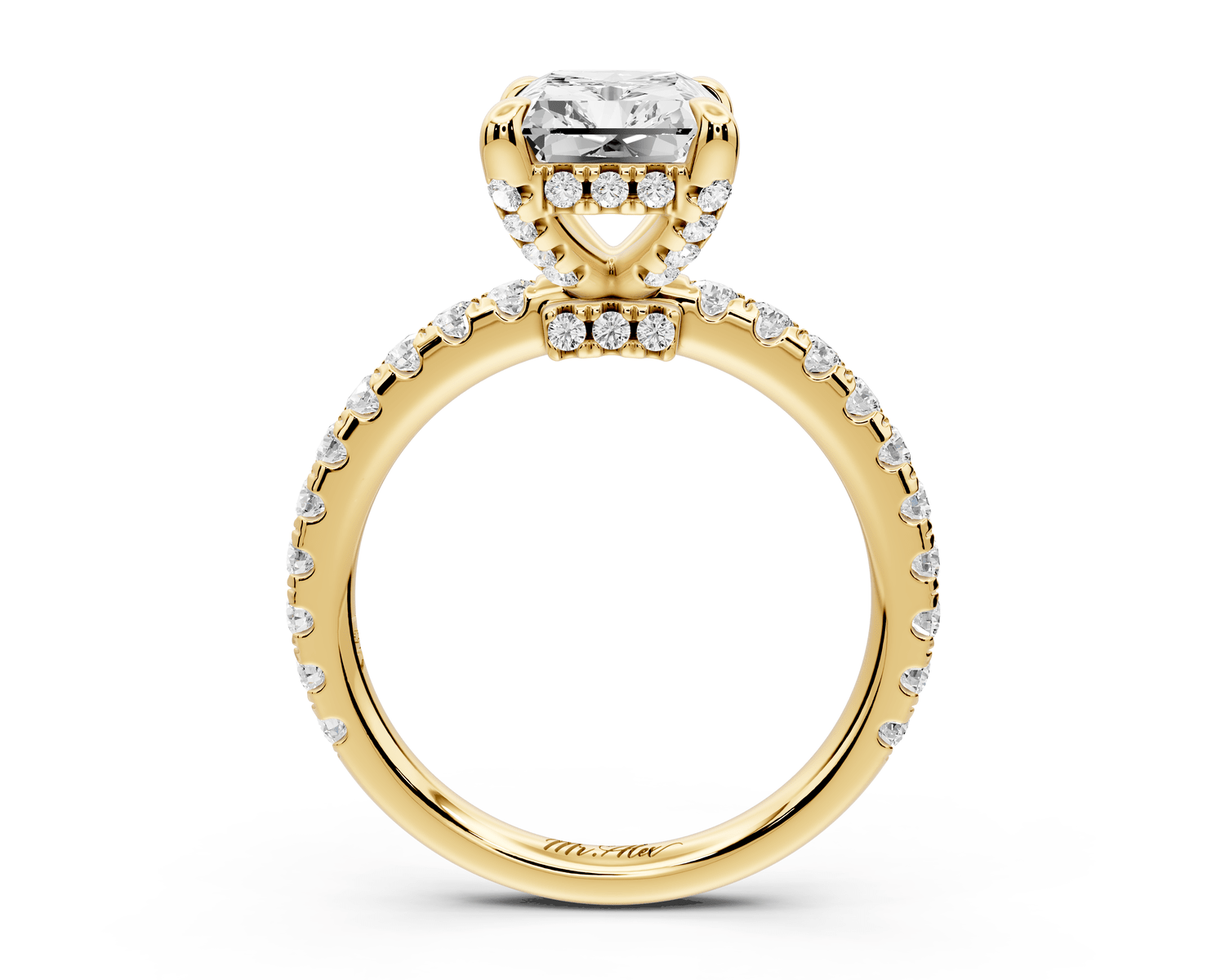 Jade - 3ct 14k yellow gold radiant hidden halo diamond crown and bridge pavé engagement ring - Mr. Alex Jewelry
