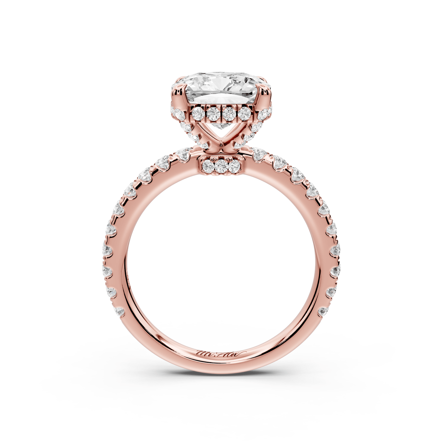 Jade - 3ct 18k rose gold cushion hidden halo diamond crown and bridge pavé engagement ring - Mr. Alex Jewelry
