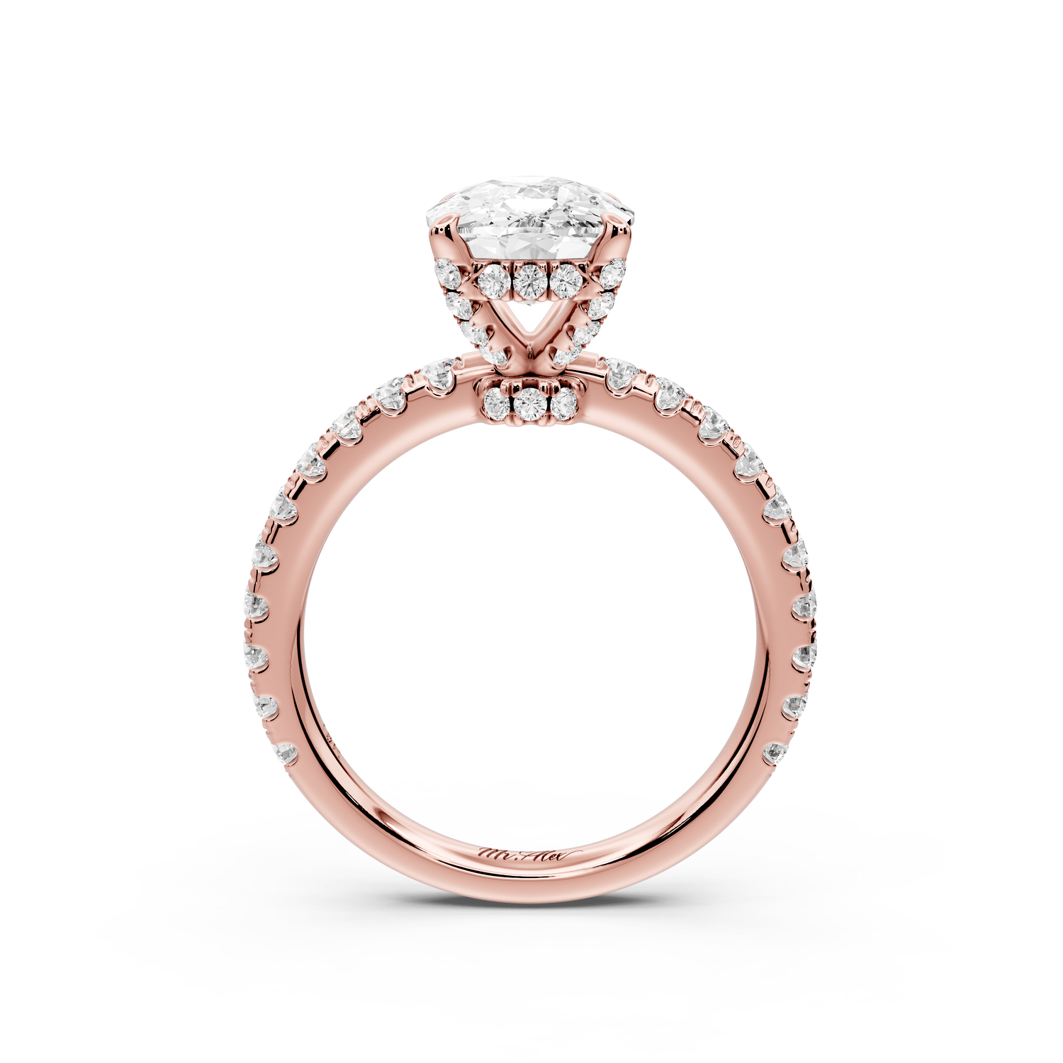 Jade - 3ct 18k rose gold ecushion hidden halo diamond crown and bridge pavé engagement ring - Mr. Alex Jewelry