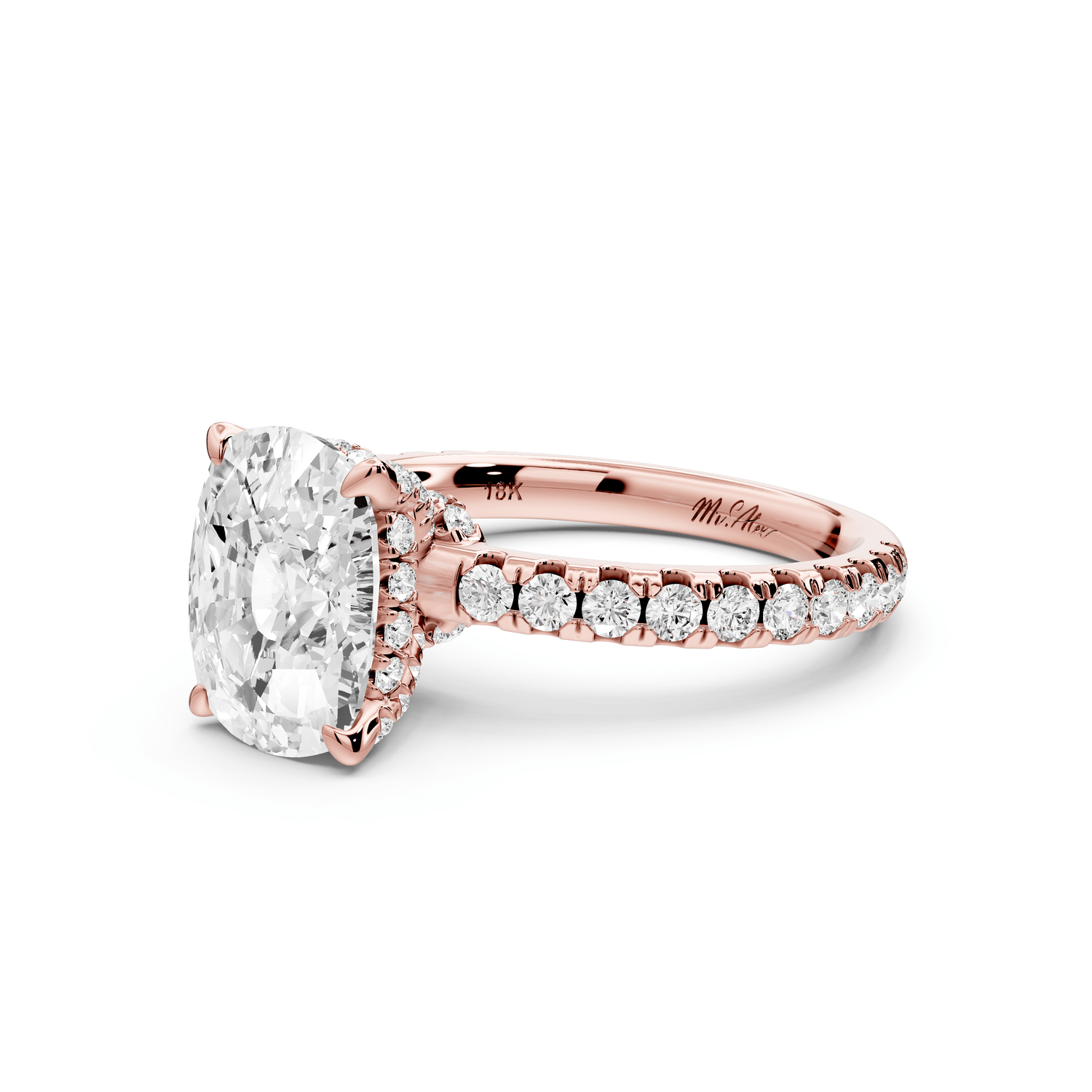 Jade - 3ct 18k rose gold ecushion hidden halo diamond crown and bridge pavé engagement ring - Mr. Alex Jewelry