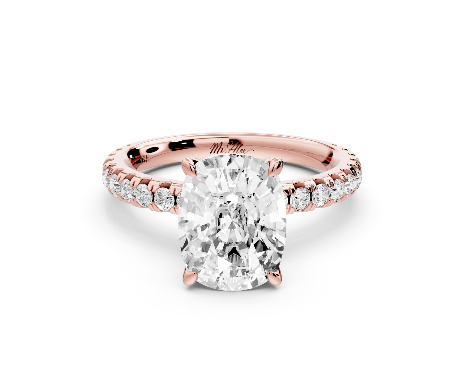 Jade - 3ct 18k rose gold ecushion hidden halo diamond crown and bridge pavé engagement ring - Mr. Alex Jewelry