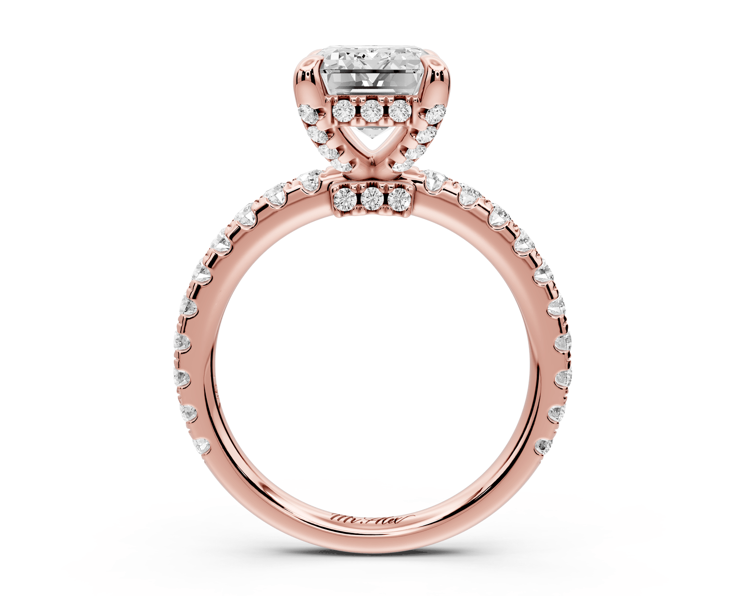 Jade - 3ct 18k rose gold emerald hidden halo diamond crown and bridge pavé engagamnet ring - Mr. Alex Jewelry