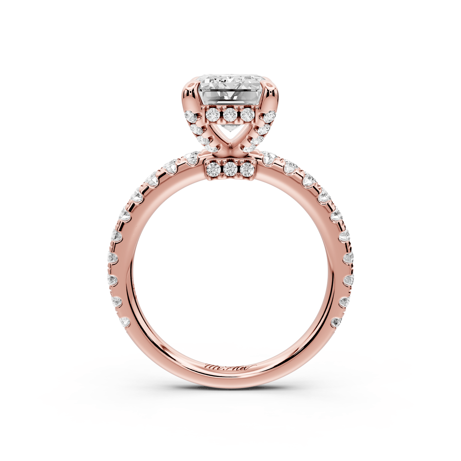 Jade - 3ct 18k rose gold emerald hidden halo diamond crown and bridge pavé engagamnet ring - Mr. Alex Jewelry