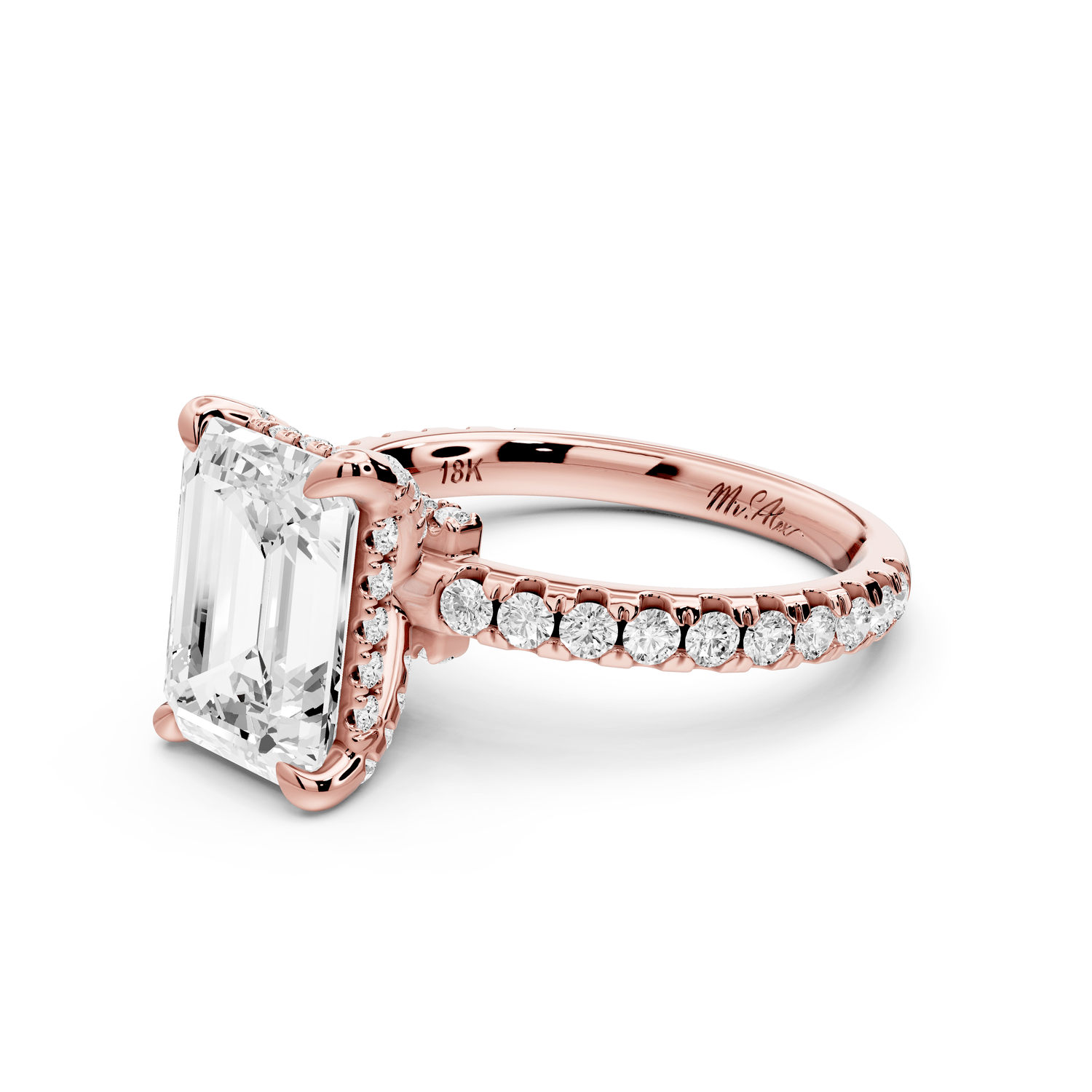 Jade - 3ct 18k rose gold emerald hidden halo diamond crown and bridge pavé engagamnet ring - Mr. Alex Jewelry