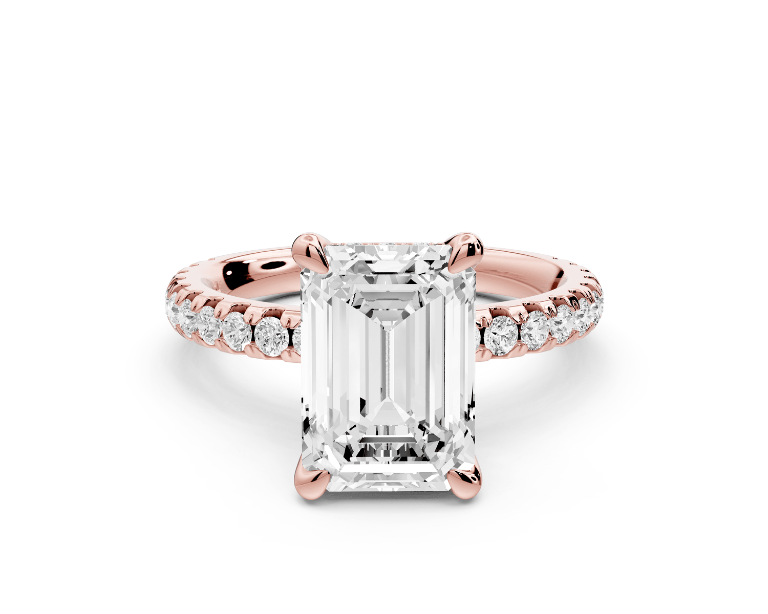 Jade - 3ct 18k rose gold emerald hidden halo diamond crown and bridge pavé engagamnet ring - Mr. Alex Jewelry