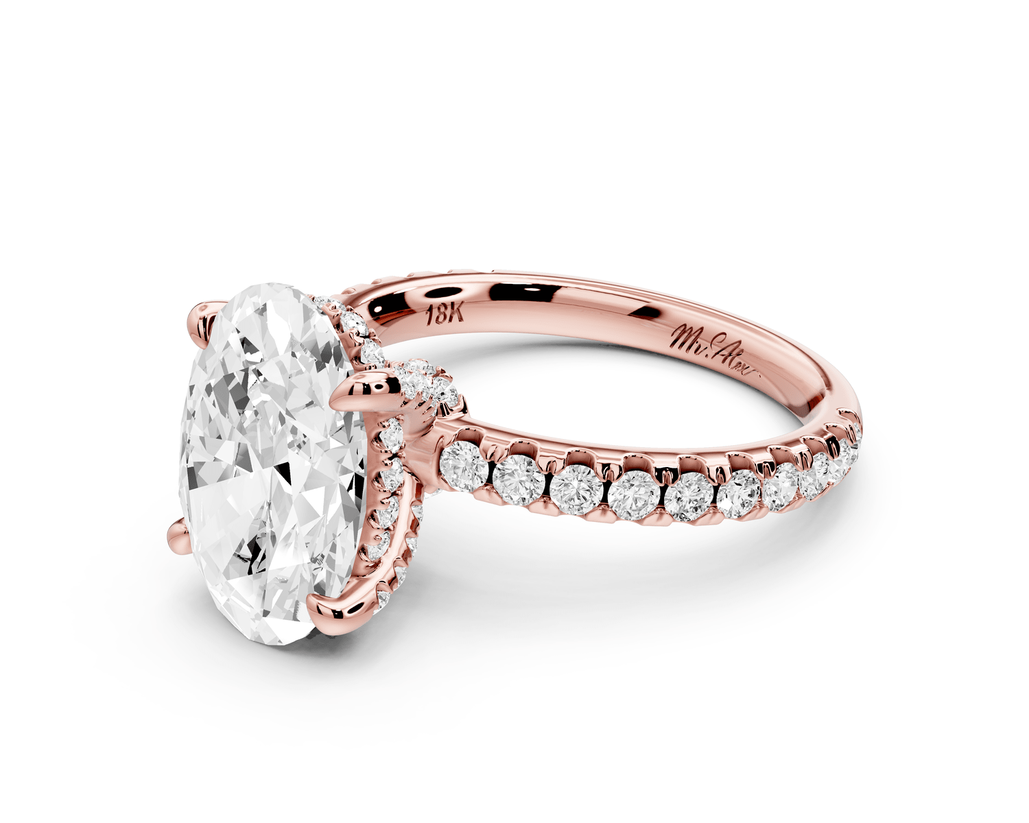 Jade - 3ct 18k rose gold oval hidden halo diamond crown and bridge pavé engagamnet ring - Mr. Alex Jewelry