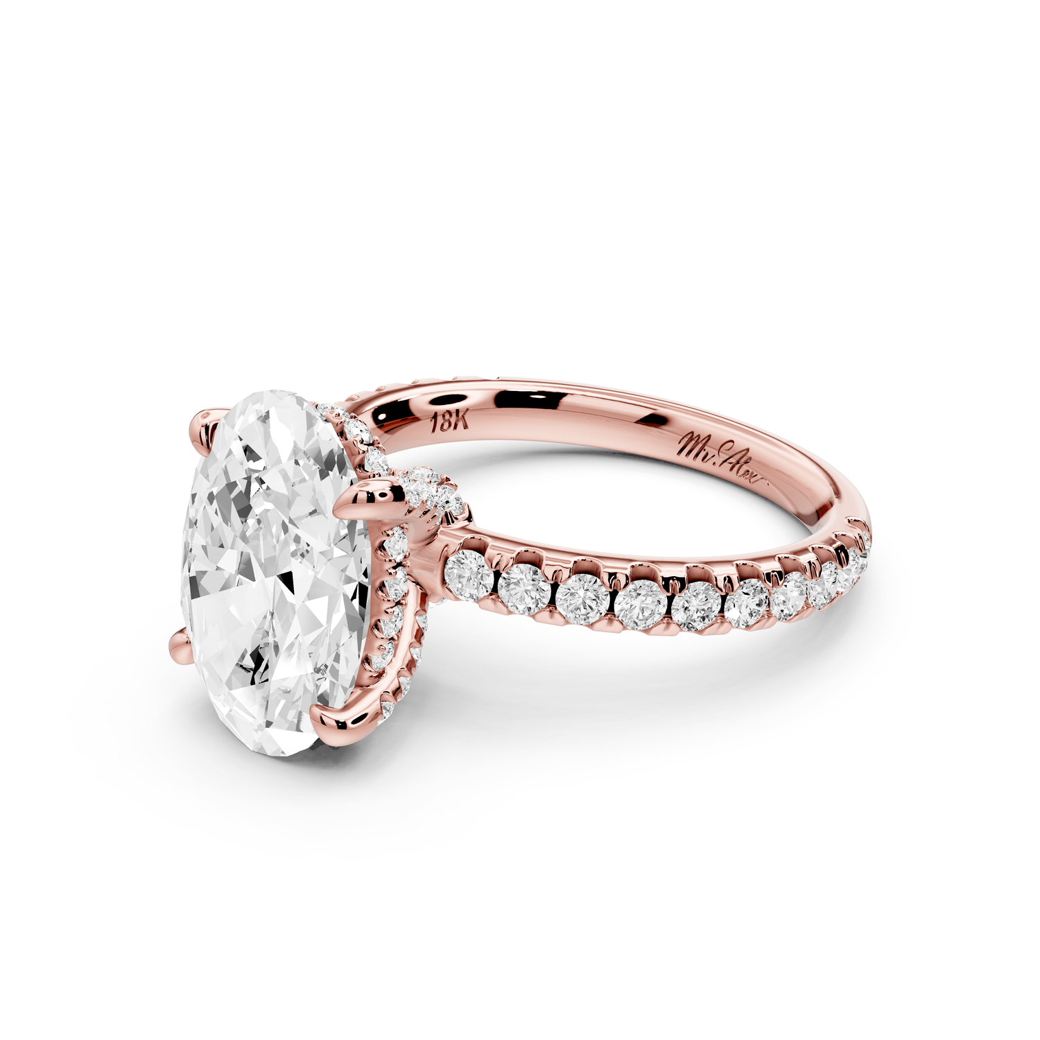 Jade - 3ct 18k rose gold oval hidden halo diamond crown and bridge pavé engagamnet ring - Mr. Alex Jewelry
