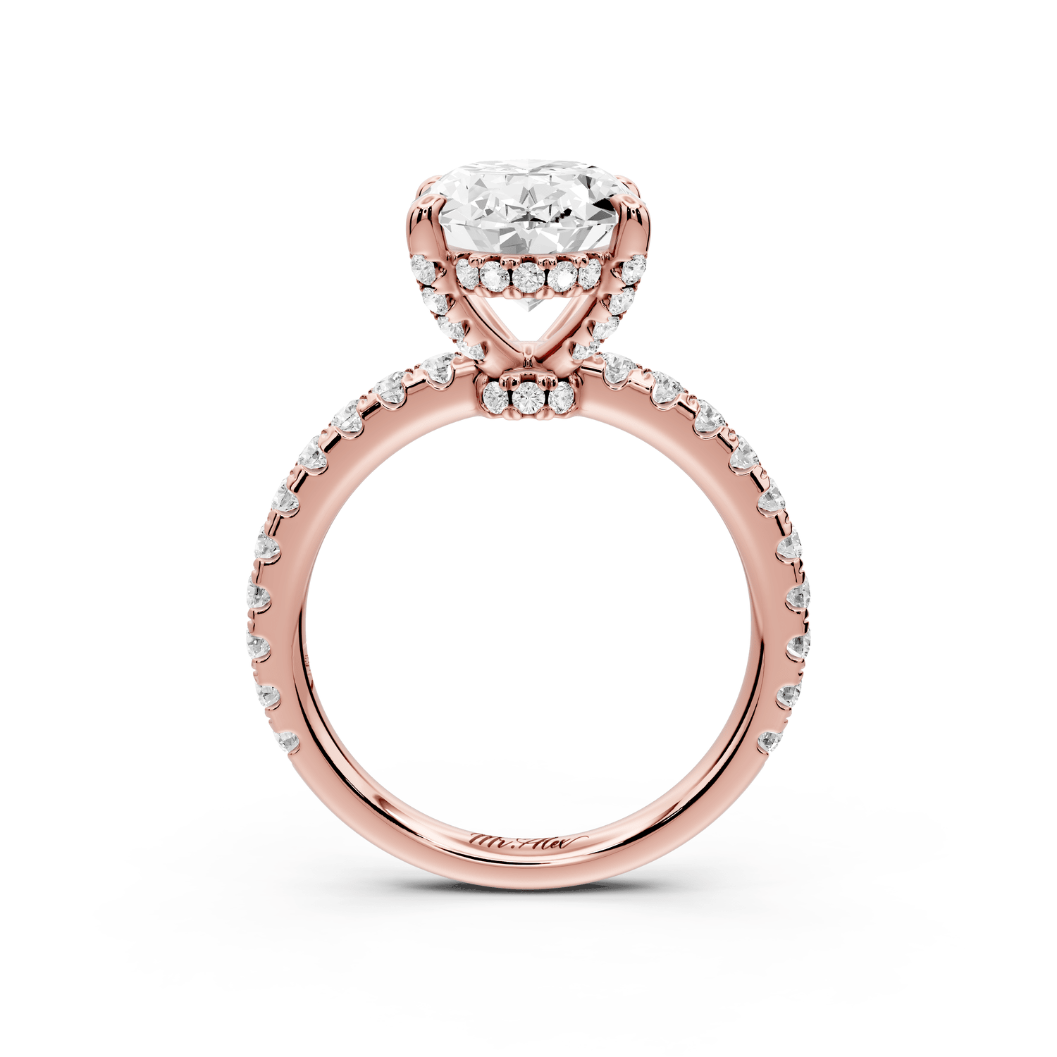 Jade - 3ct 18k rose gold oval hidden halo diamond crown and bridge pavé engagamnet ring - Mr. Alex Jewelry
