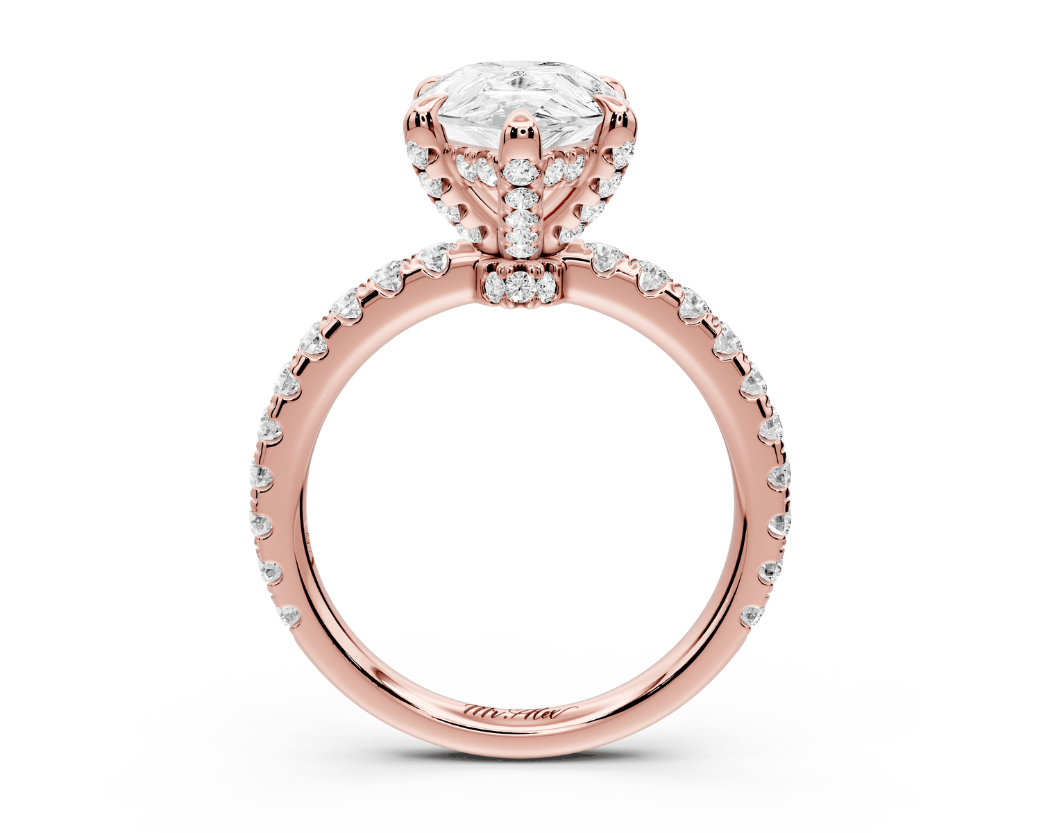 Jade - 3ct 18k rose gold pear hidden halo diamond crown and bridge pavé engagamnet ring - Mr. Alex Jewelry