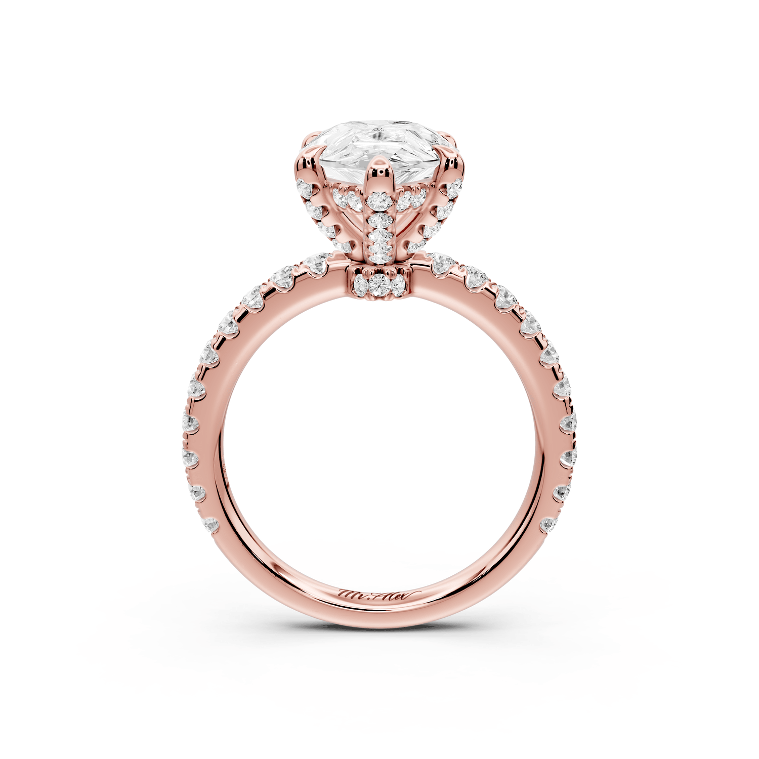 Jade - 3ct 18k rose gold pear hidden halo diamond crown and bridge pavé engagamnet ring - Mr. Alex Jewelry