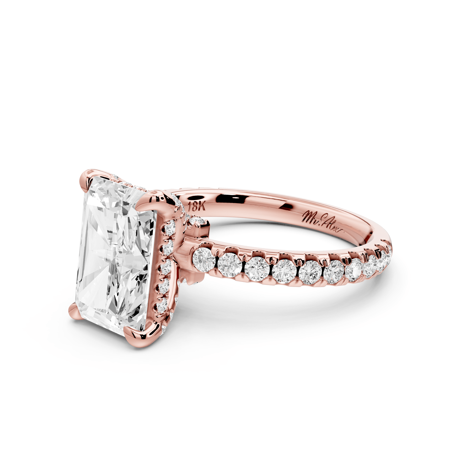 Jade - 3ct 18k rose gold radiant hidden halo diamond crown and bridge pavé engagement ring - Mr. Alex Jewelry
