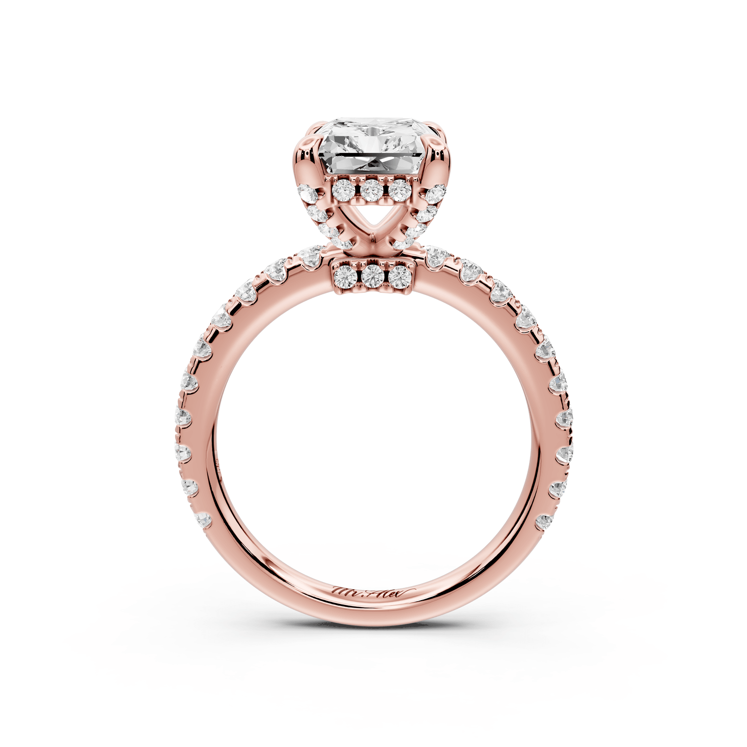 Jade - 3ct 18k rose gold radiant hidden halo diamond crown and bridge pavé engagement ring - Mr. Alex Jewelry