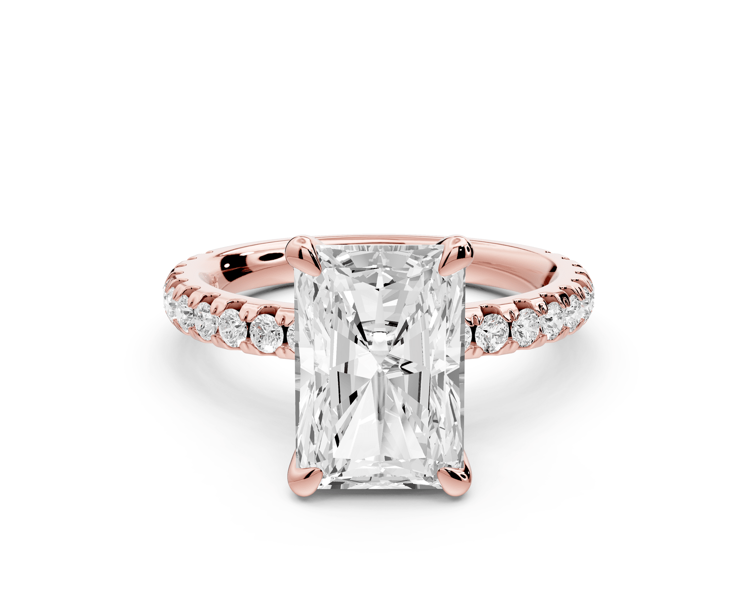 Jade - 3ct 18k rose gold radiant hidden halo diamond crown and bridge pavé engagement ring - Mr. Alex Jewelry
