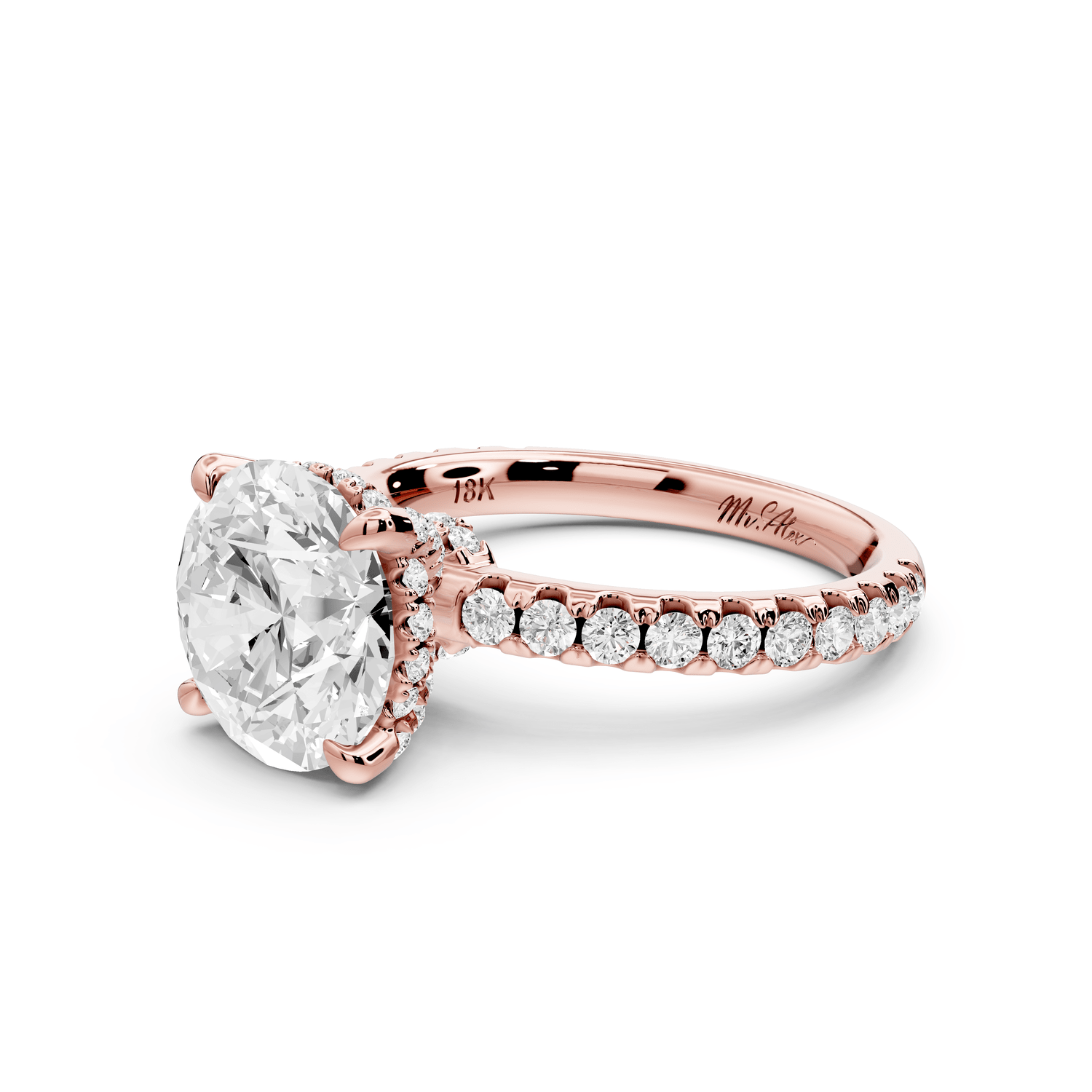 Jade - 3ct 18k rose gold round hidden halo diamond crown and bridge pavé engagamnet ring - Mr. Alex Jewelry