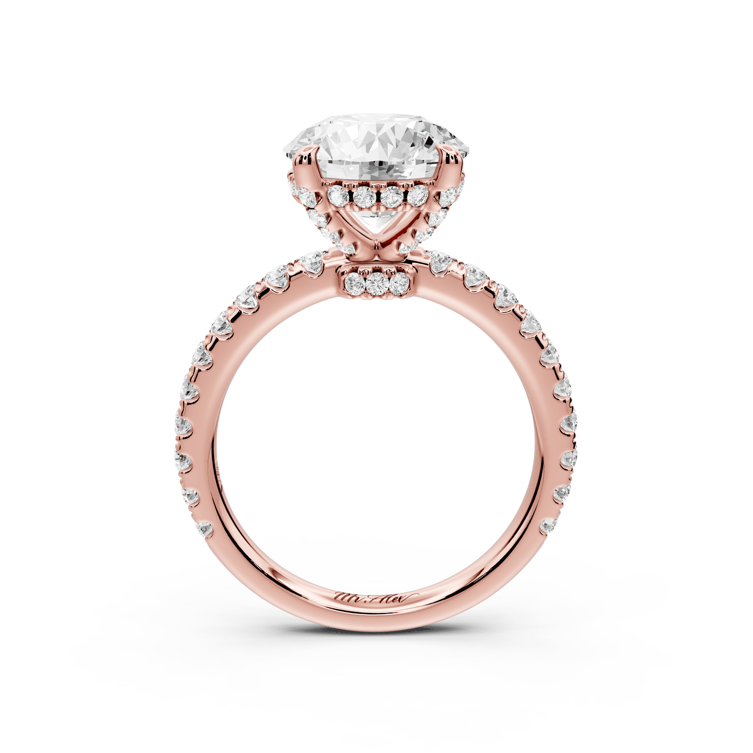 Jade - 3ct 18k rose gold round hidden halo diamond crown and bridge pavé engagamnet ring - Mr. Alex Jewelry