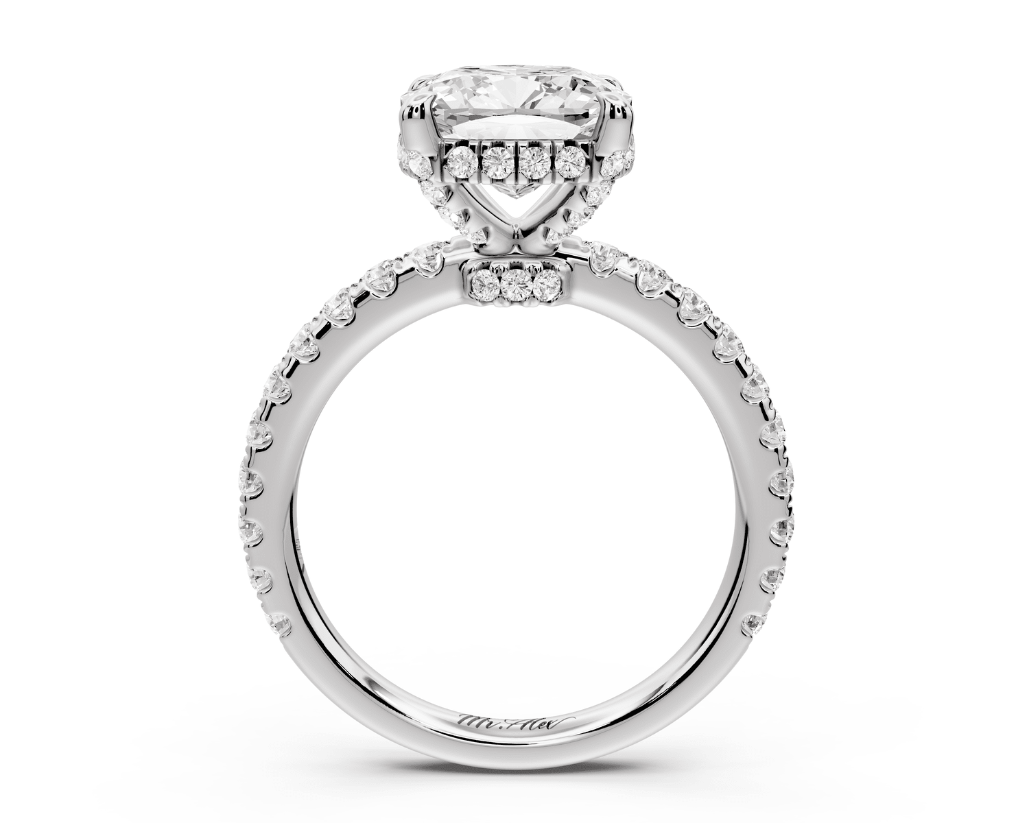 Jade - 3ct 18k white gold cushion hidden halo diamond crown and bridge pavé engagement ring - Mr. Alex Jewelry