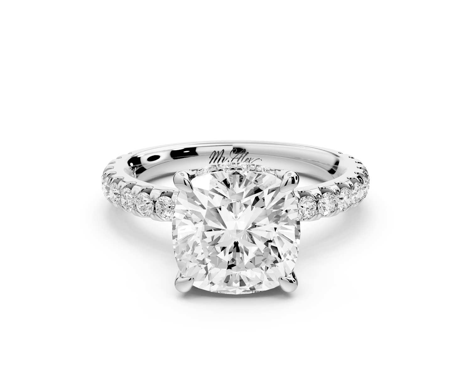 Jade - 3ct 18k white gold cushion hidden halo diamond crown and bridge pavé engagement ring - Mr. Alex Jewelry