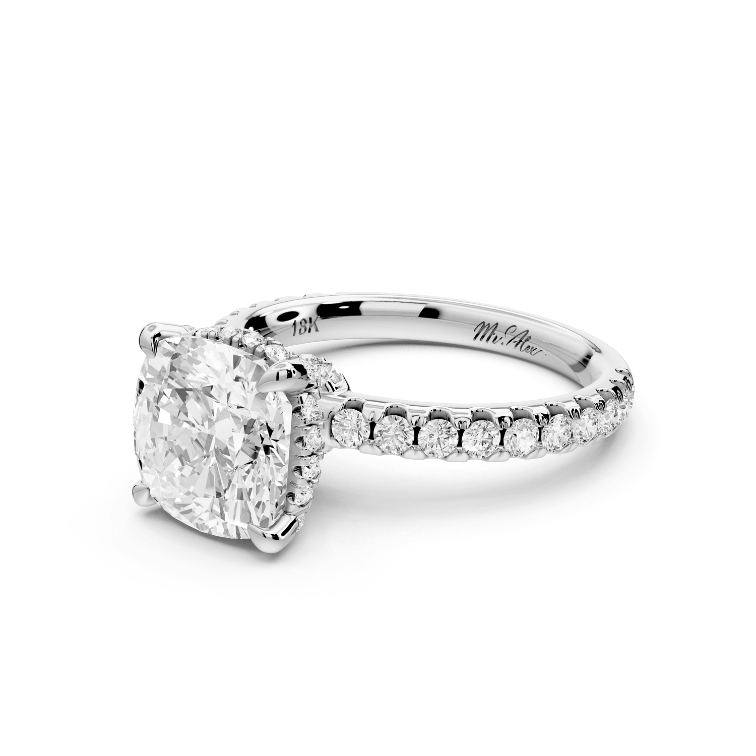 Jade - 3ct 18k white gold cushion hidden halo diamond crown and bridge pavé engagement ring - Mr. Alex Jewelry