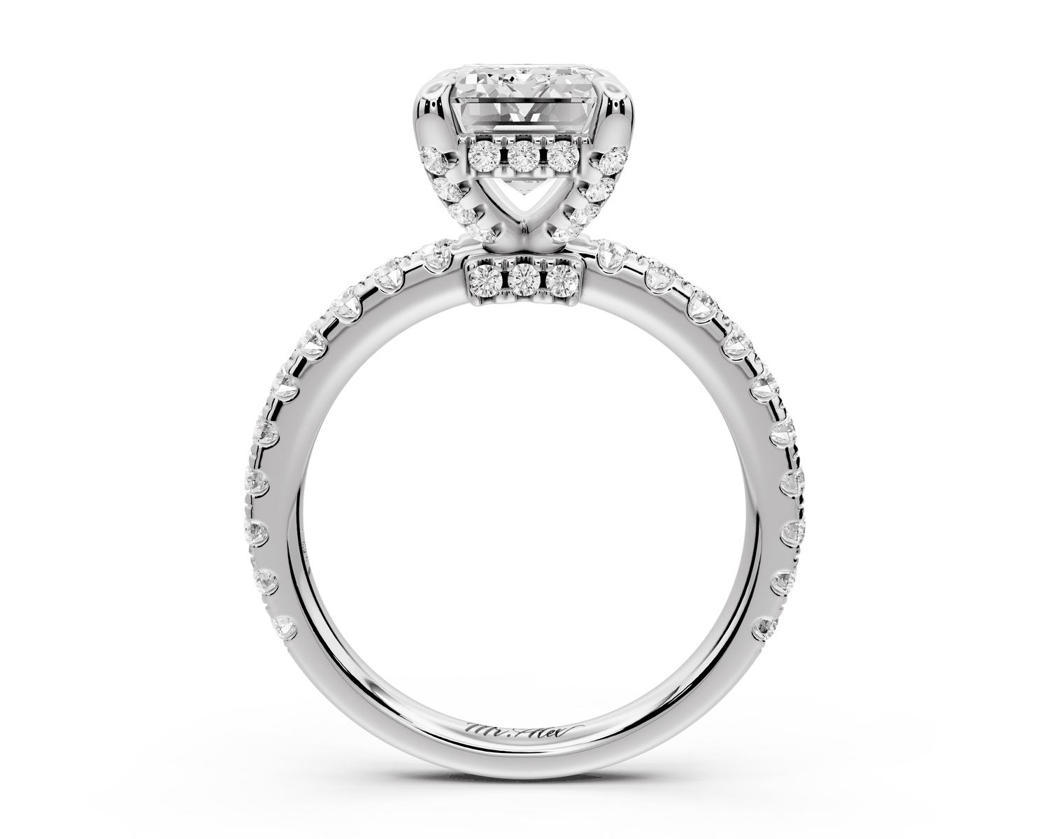 Jade - 3ct 18k white gold emerald hidden halo diamond crown and bridge pavé engagamnet ring - Mr. Alex Jewelry