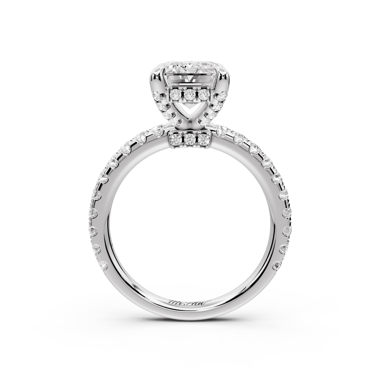 Jade - 3ct 18k white gold emerald hidden halo diamond crown and bridge pavé engagamnet ring - Mr. Alex Jewelry