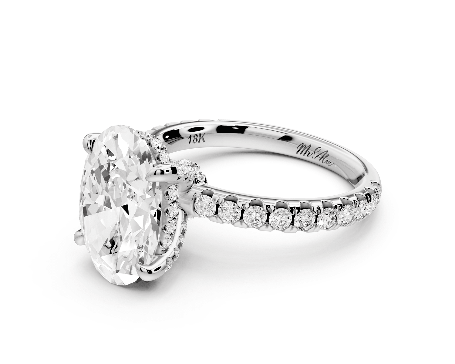Jade - 3ct 18k white gold oval hidden halo diamond crown and bridge pavé engagamnet ring - Mr. Alex Jewelry