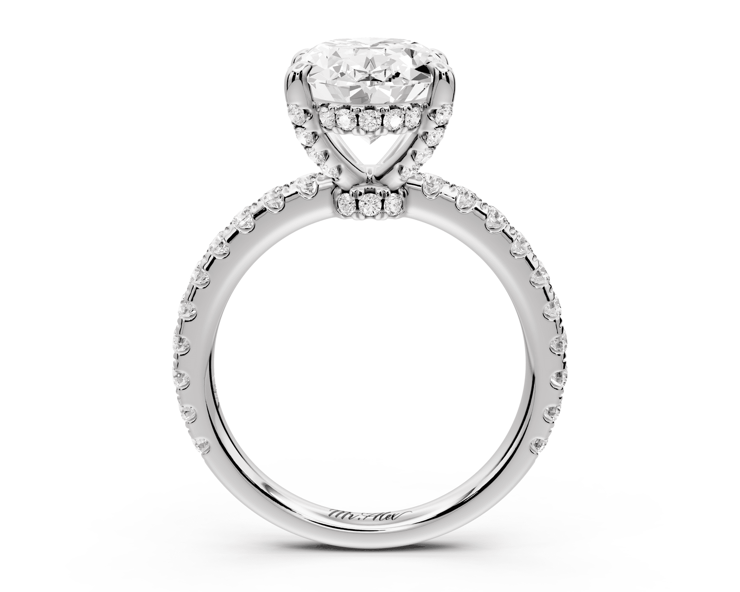 Jade - 3ct 18k white gold oval hidden halo diamond crown and bridge pavé engagamnet ring - Mr. Alex Jewelry