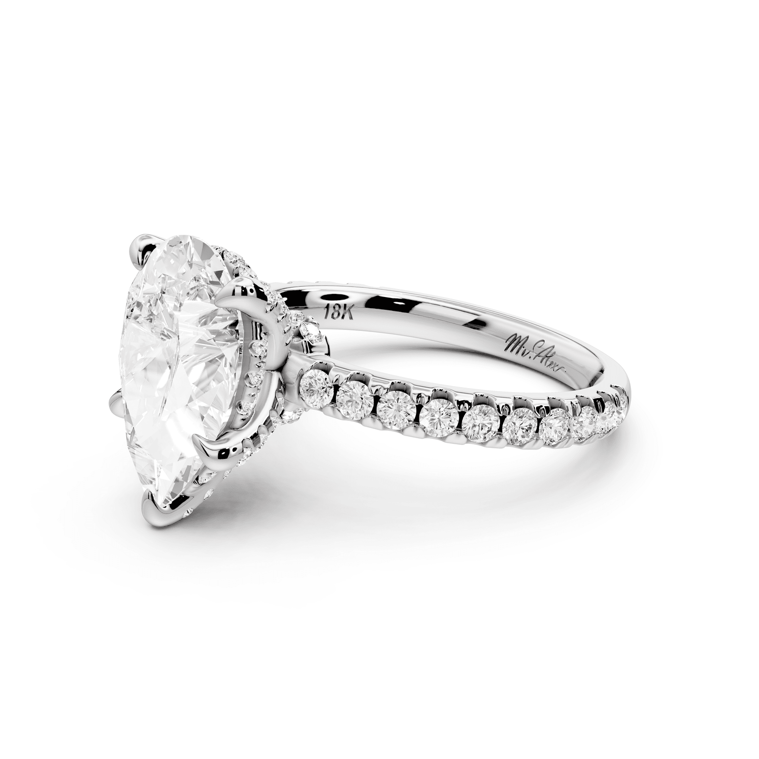 Jade - 3ct 18k white gold pear hidden halo diamond crown and bridge pavé engagamnet ring - Mr. Alex Jewelry