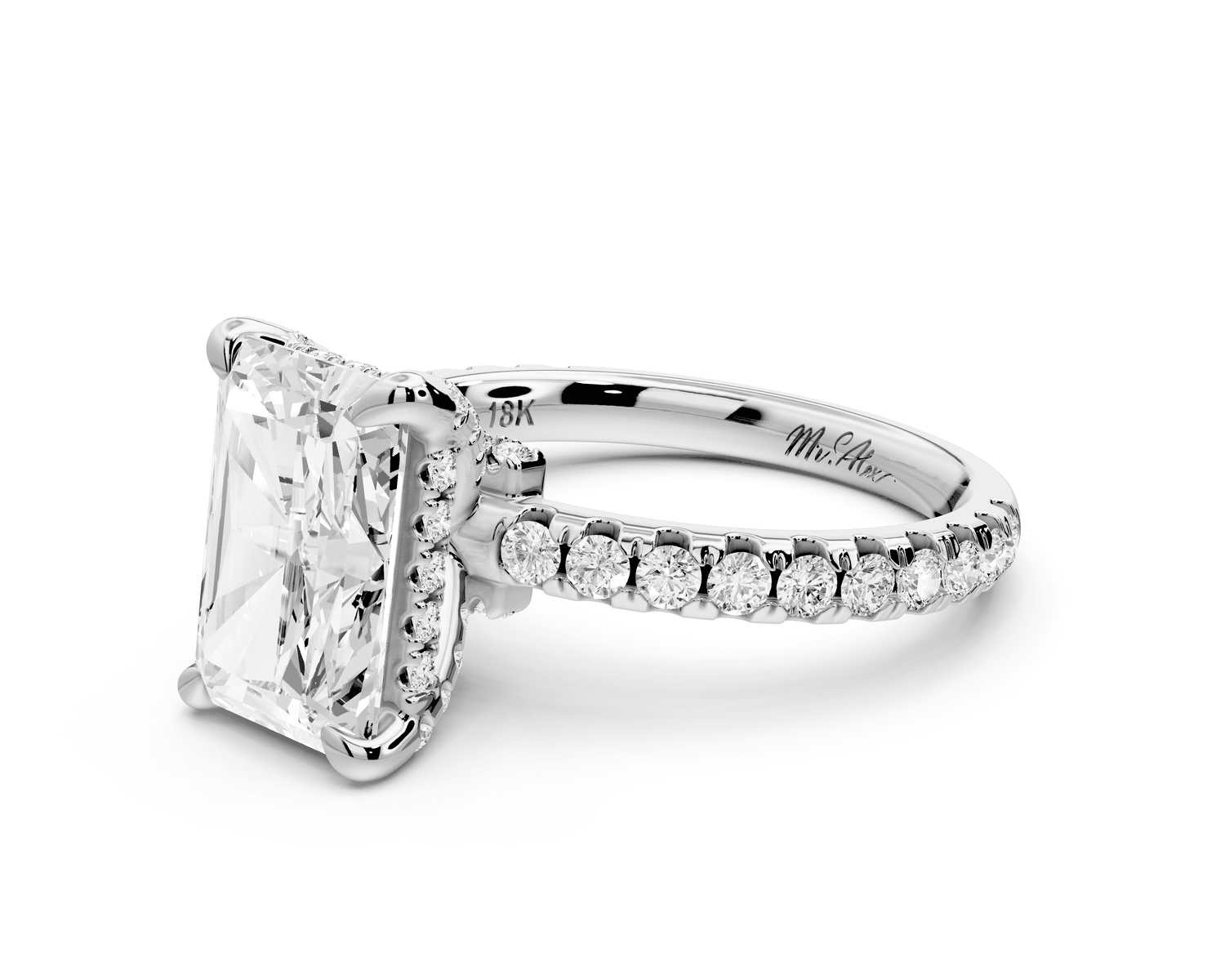 Jade - 3ct 18k white gold radiant hidden halo diamond crown and bridge pavé engagement ring - Mr. Alex Jewelry