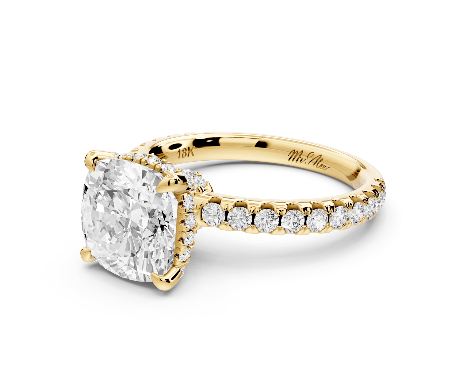 Jade - 3ct 18k yellow gold cushion hidden halo diamond crown and bridge pavé engagement ring - Mr. Alex Jewelry