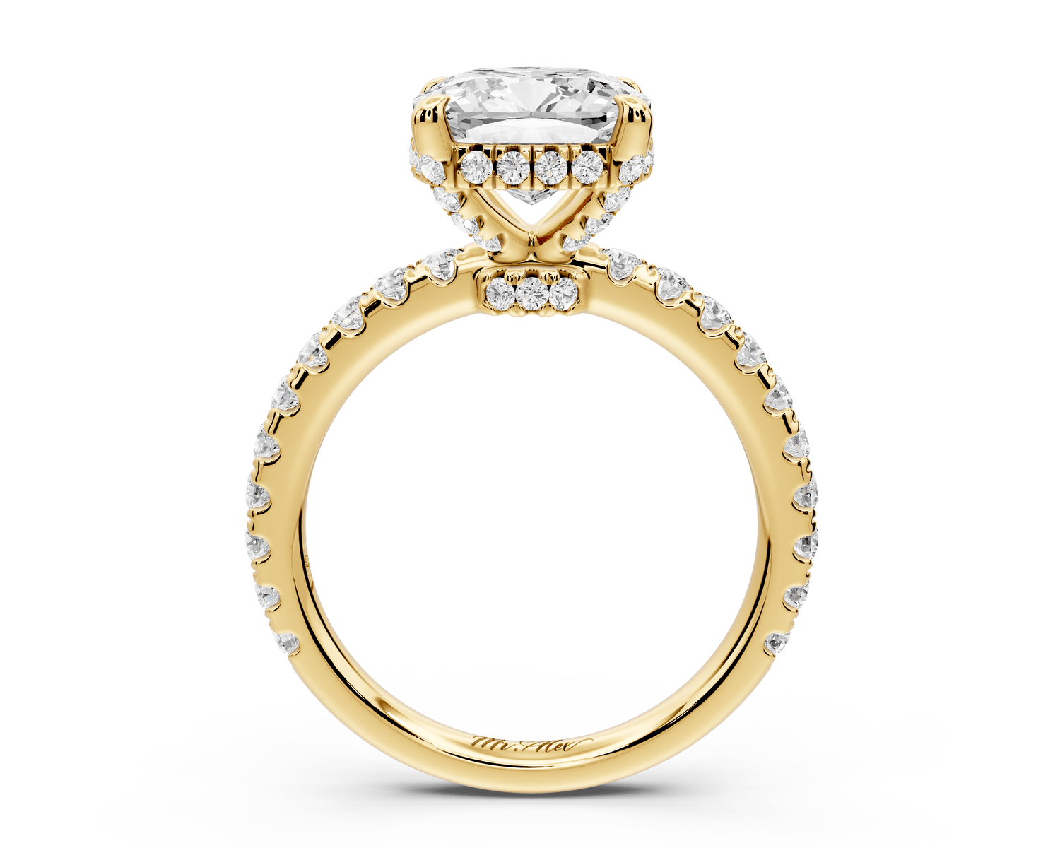 Jade - 3ct 18k yellow gold cushion hidden halo diamond crown and bridge pavé engagement ring - Mr. Alex Jewelry