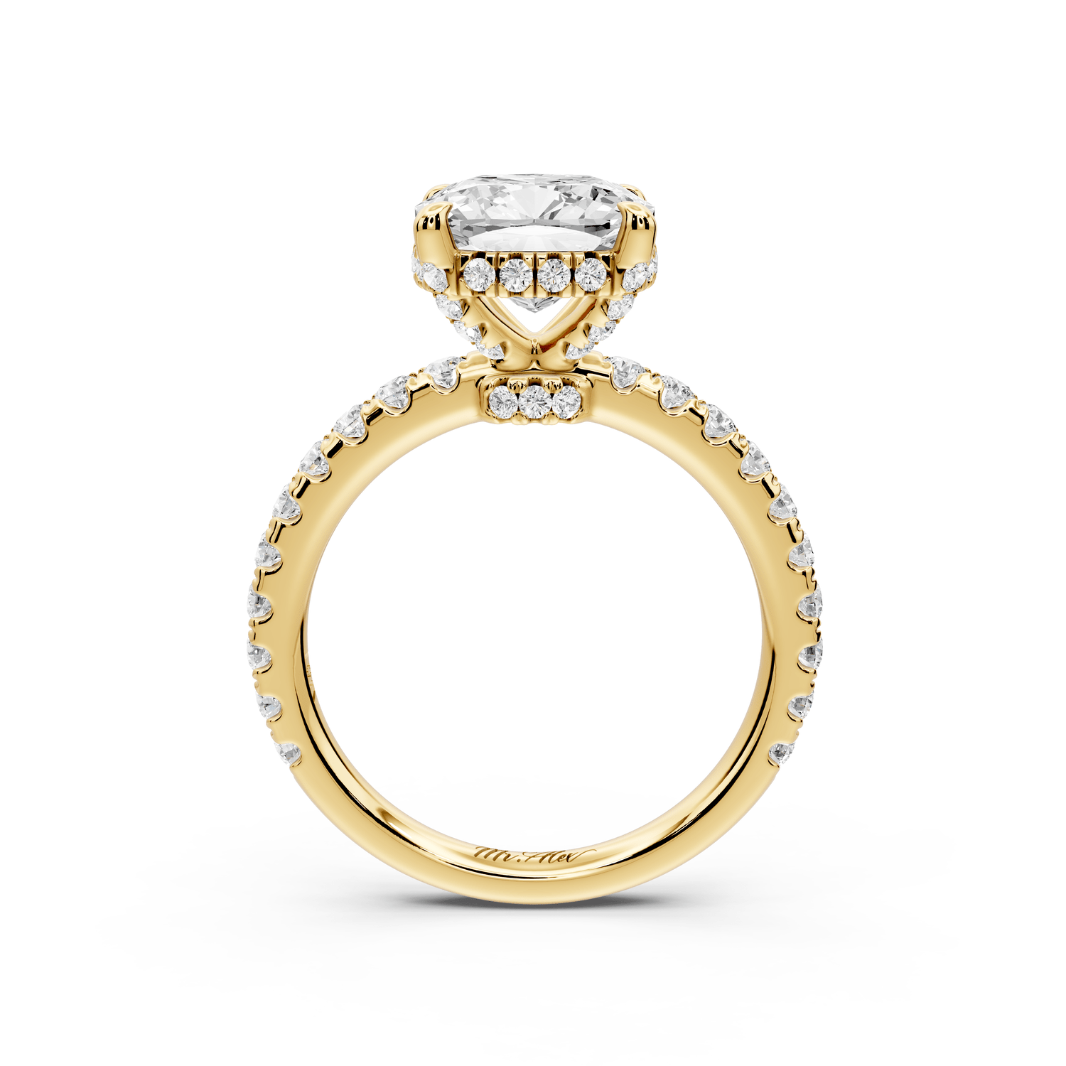 Jade - 3ct 18k yellow gold cushion hidden halo diamond crown and bridge pavé engagement ring - Mr. Alex Jewelry