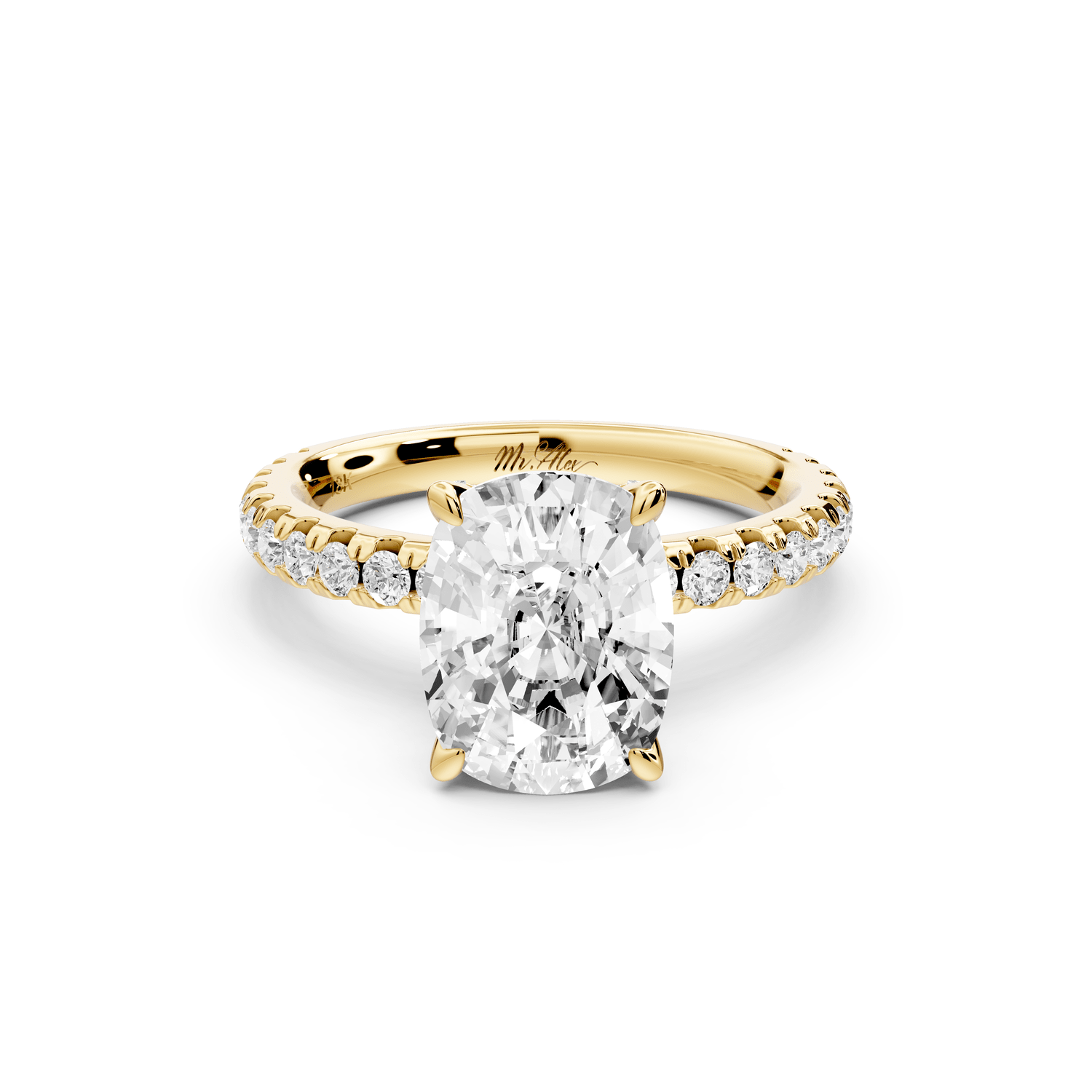 Jade - 3ct 18k yellow gold ecushion hidden halo diamond crown and bridge pavé engagement ring - Mr. Alex Jewelry