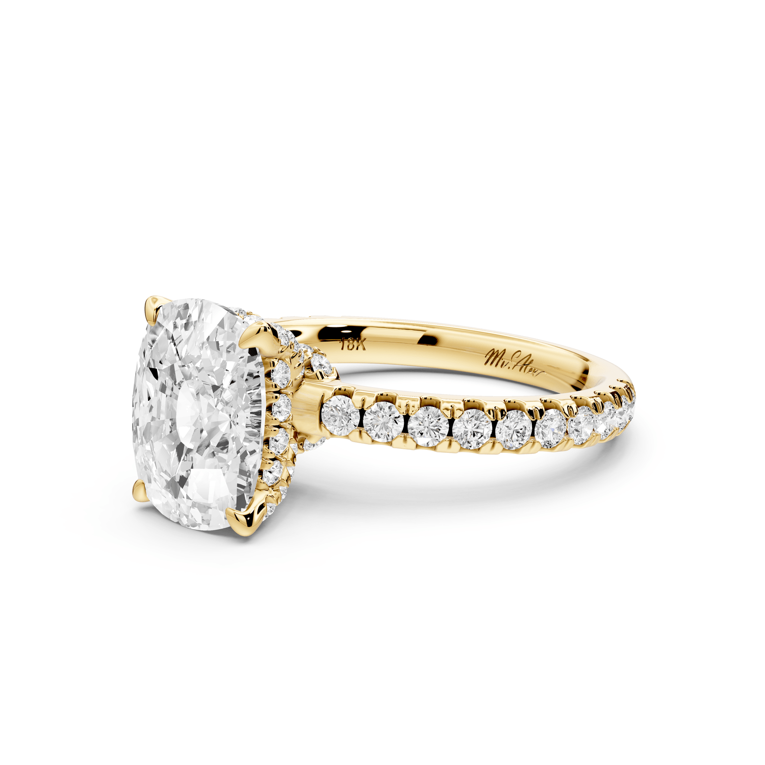 Jade - 3ct 18k yellow gold ecushion hidden halo diamond crown and bridge pavé engagement ring - Mr. Alex Jewelry