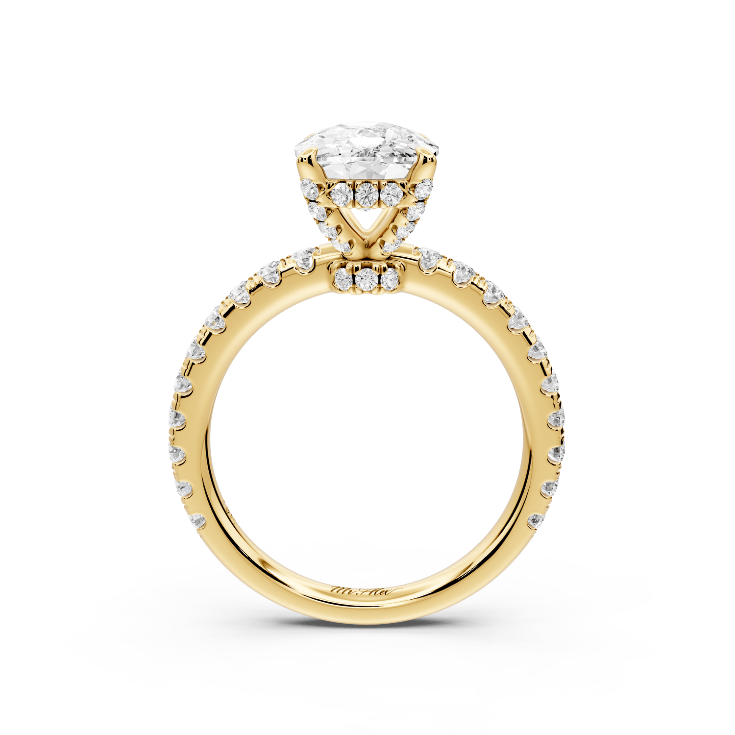 Jade - 3ct 18k yellow gold ecushion hidden halo diamond crown and bridge pavé engagement ring - Mr. Alex Jewelry