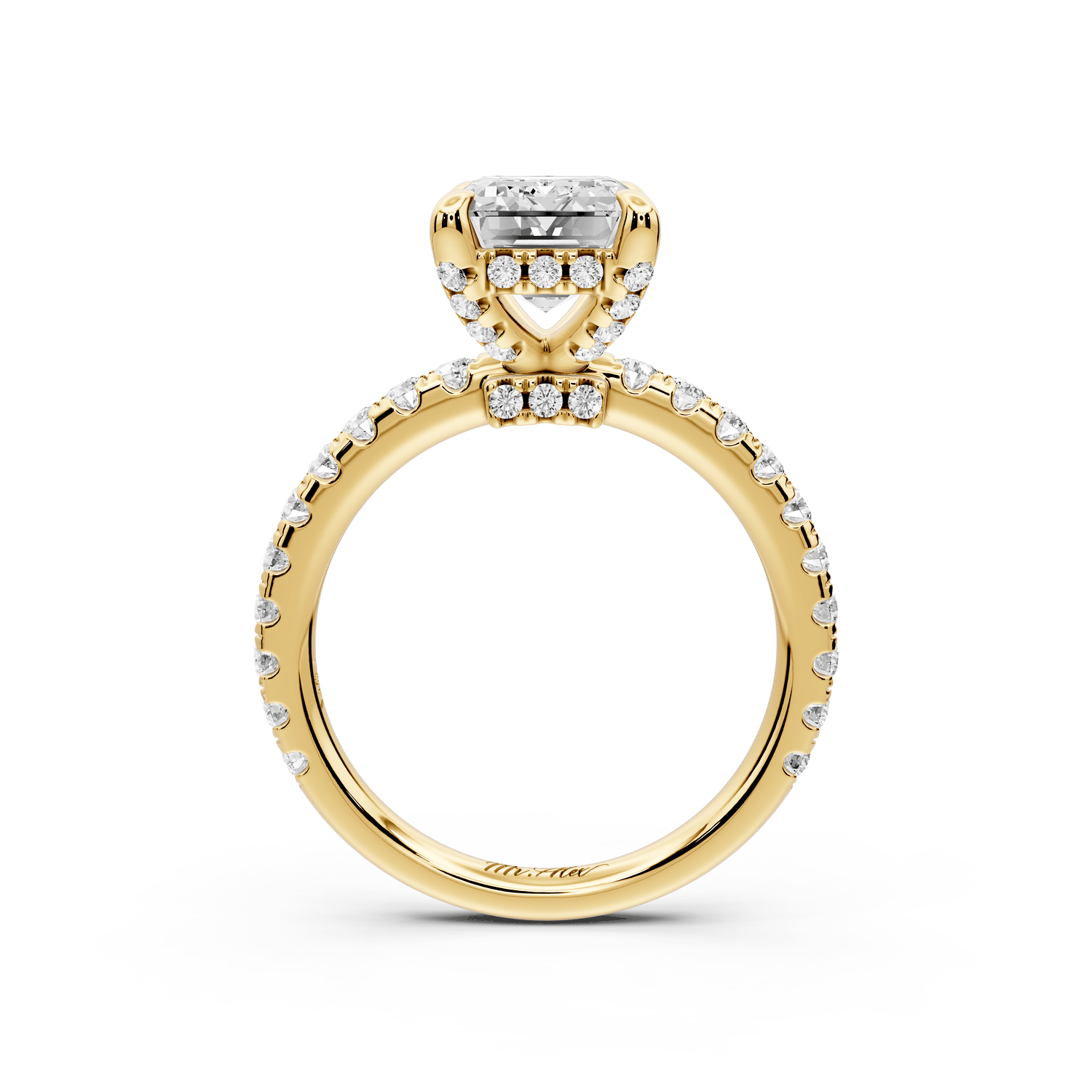 Jade - 3ct 18k yellow gold emerald hidden halo diamond crown and bridge pavé engagamnet ring - Mr. Alex Jewelry